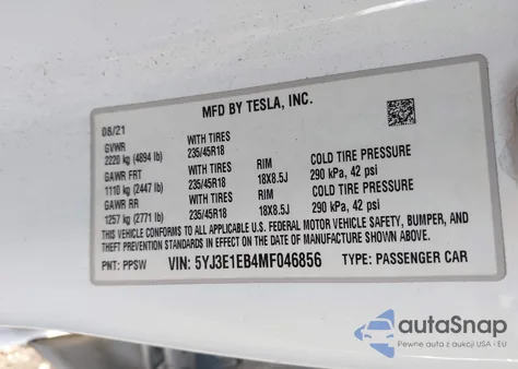 2021 Tesla Model 3 Long Range Dual Motor All-Wheel Drive z USA, uszkodzony, nr VIN 5YJ3E1EB4MF046856